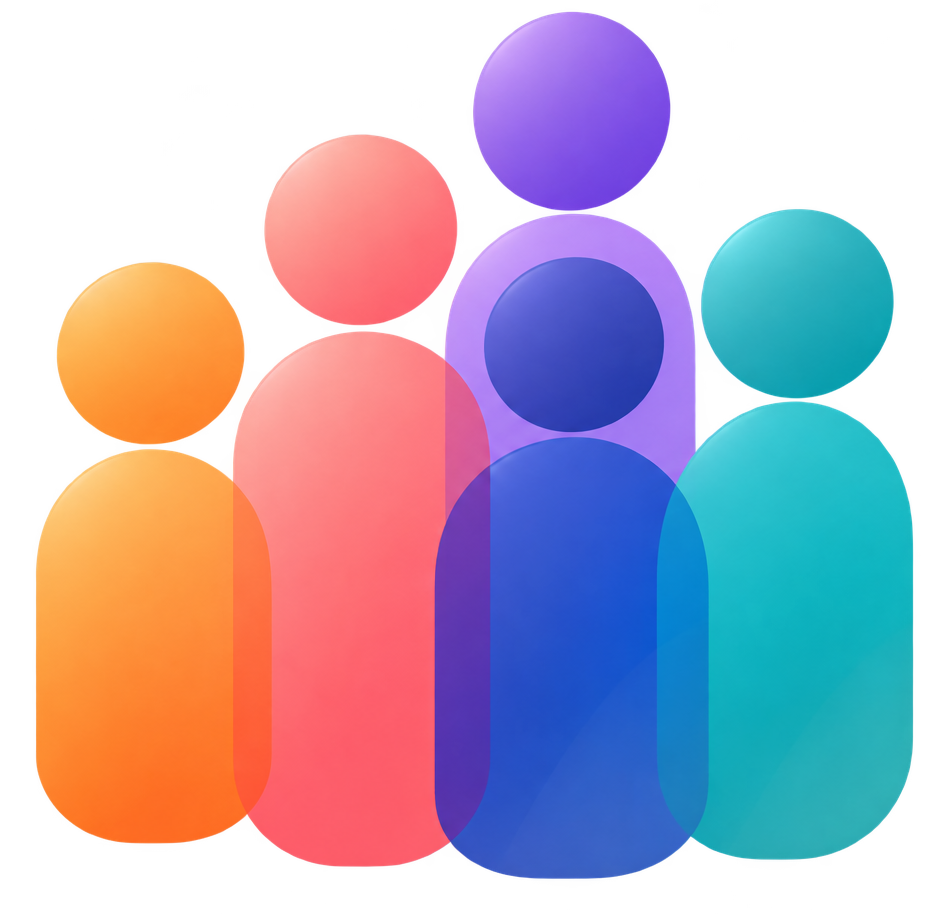 Five abstract people in orange, coral, violet, indigo, and teal floating together