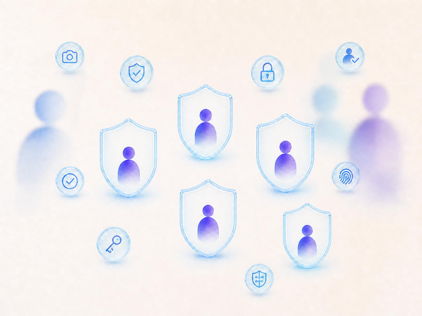 Five abstract people, each protected within a separate translucent shield