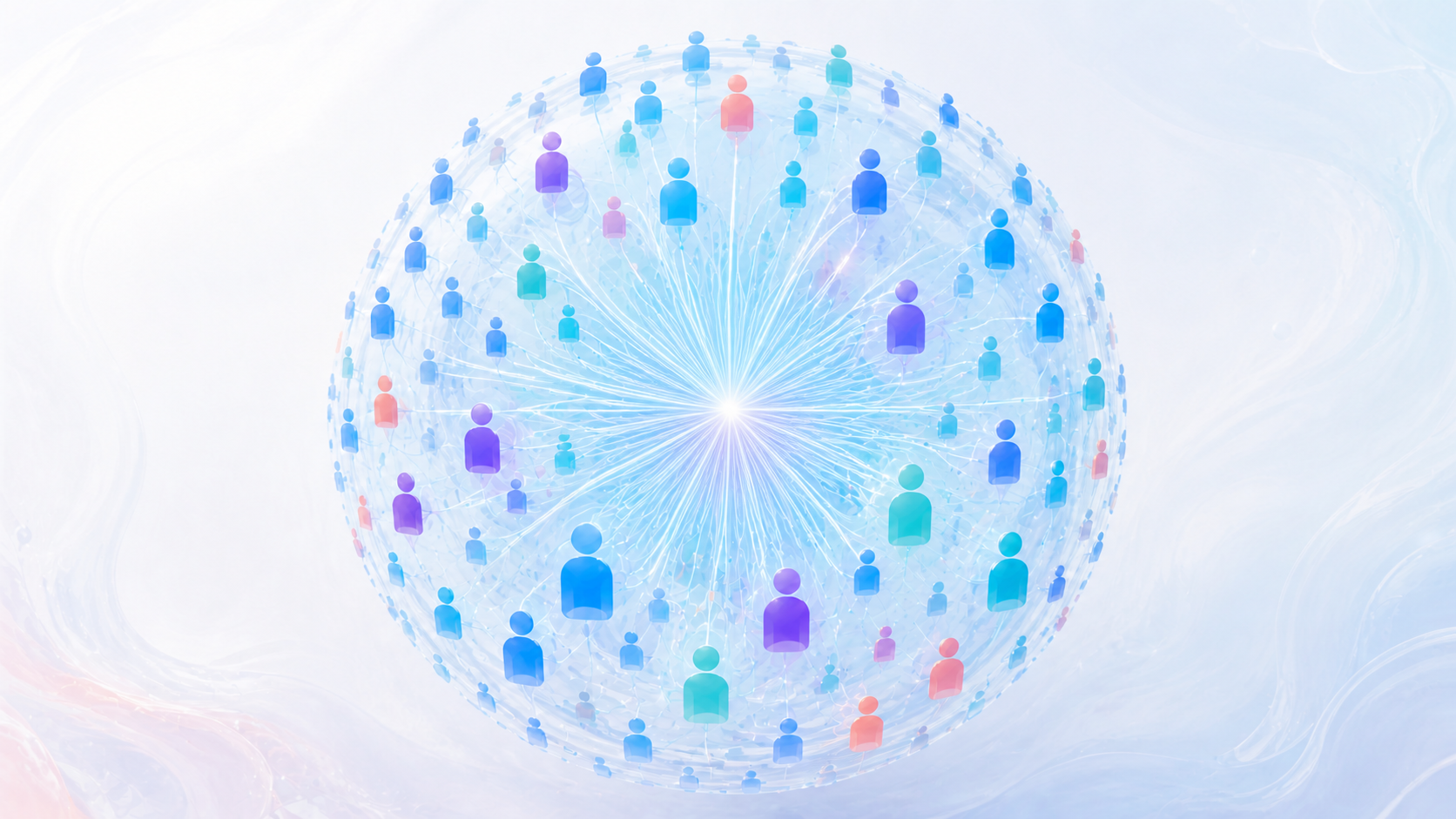 A large sphere of anonymous people connected by fine lines to central security checks
